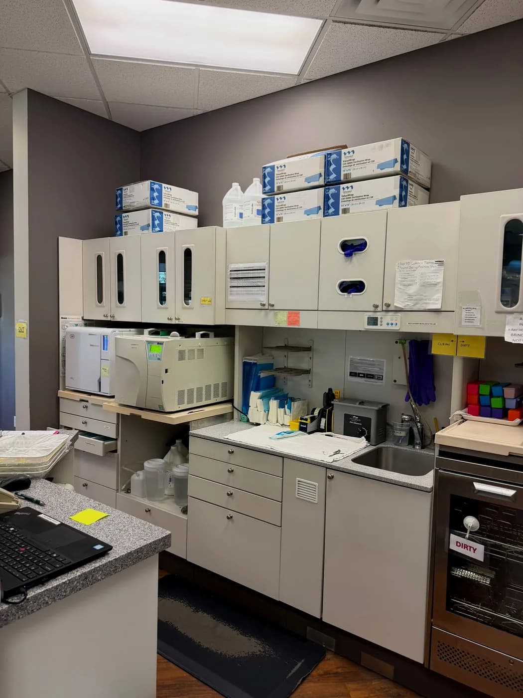 The sterilization area at High River Dental Centre with autoclaves and clearly separated clean and dirty zones